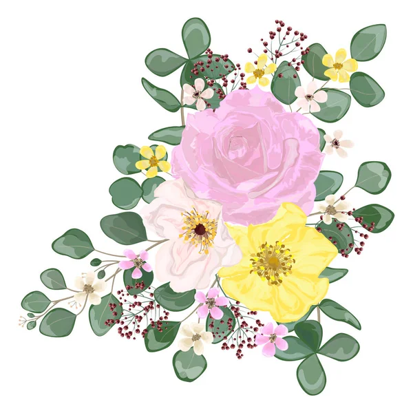 Watercolor Floral Pattern Flowers Leaves Branches Buds Roses Berries Butterflies — 图库矢量图片