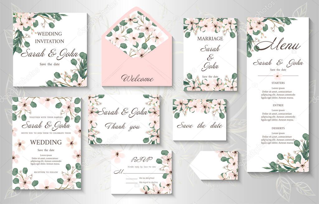 set of wedding cards with flowers and leaves