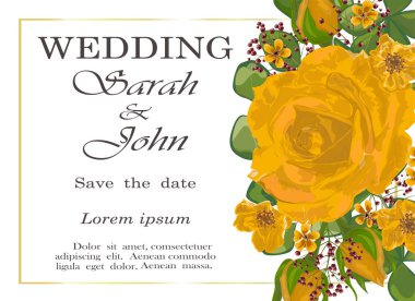 Çiçekli ve yapraklı düğün davetiyesi. vektör illüstrasyonu