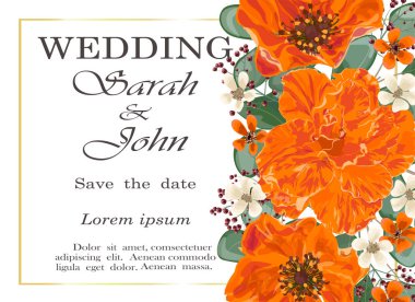 Çiçekli ve yapraklı düğün davetiyesi. vektör illüstrasyonu