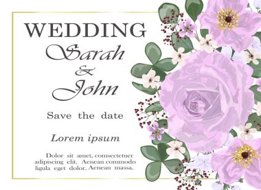 Çiçekli ve yapraklı düğün davetiyesi. vektör illüstrasyonu