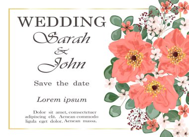Çiçekli ve yapraklı düğün davetiyesi. vektör illüstrasyonu