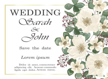 Çiçekli ve yapraklı düğün davetiyesi. vektör illüstrasyonu