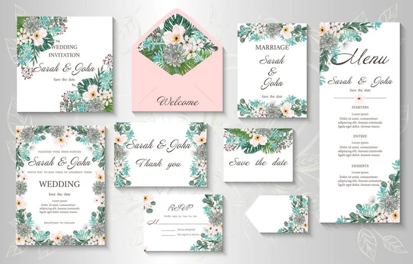 Set Wedding Invitation Cards Flowers Leaves — Vector de stock