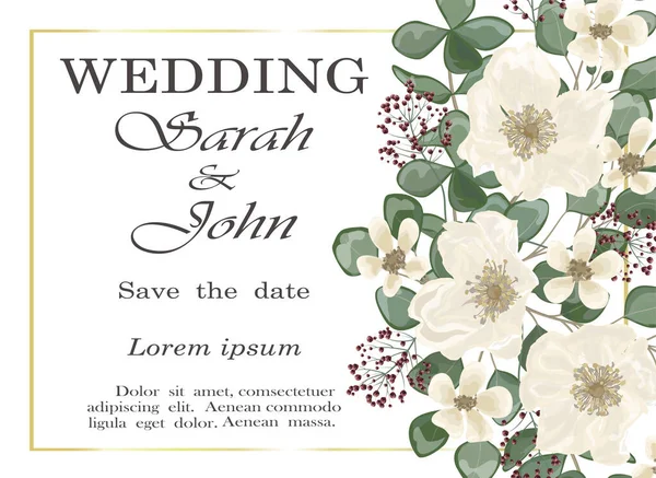 Çiçekli ve yapraklı düğün davetiyesi. vektör illüstrasyonu
