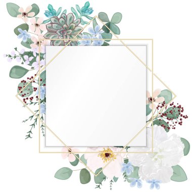 Çiçek ve yapraklı suluboya çerçeve, vektör illüstrasyonu