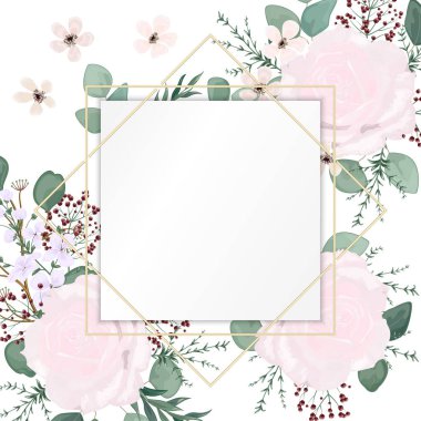 Çiçek ve yapraklı çiçek çerçevesi, vektör illüstrasyonu