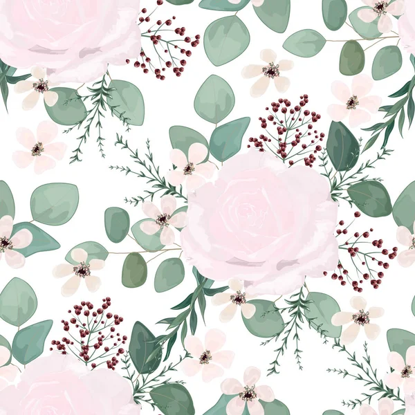 Watercolor Seamless Pattern Flowers Leaves Berries Buds Roses Branches Floral — 스톡 벡터