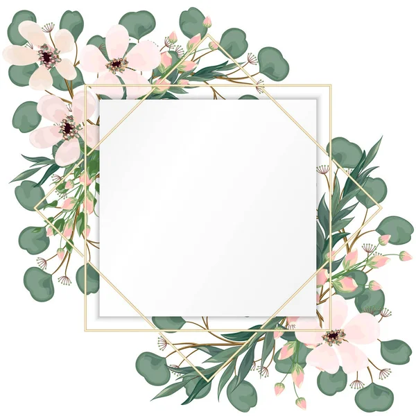 Watercolor Frame Green Leaves Flowers Vector Illustration — 스톡 벡터