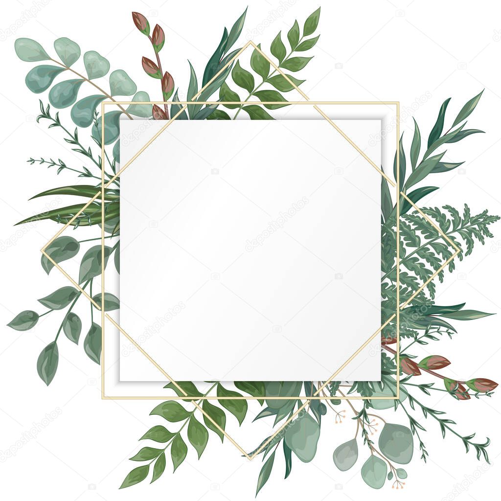 frame with green leaves and eucalyptus branches on white background.