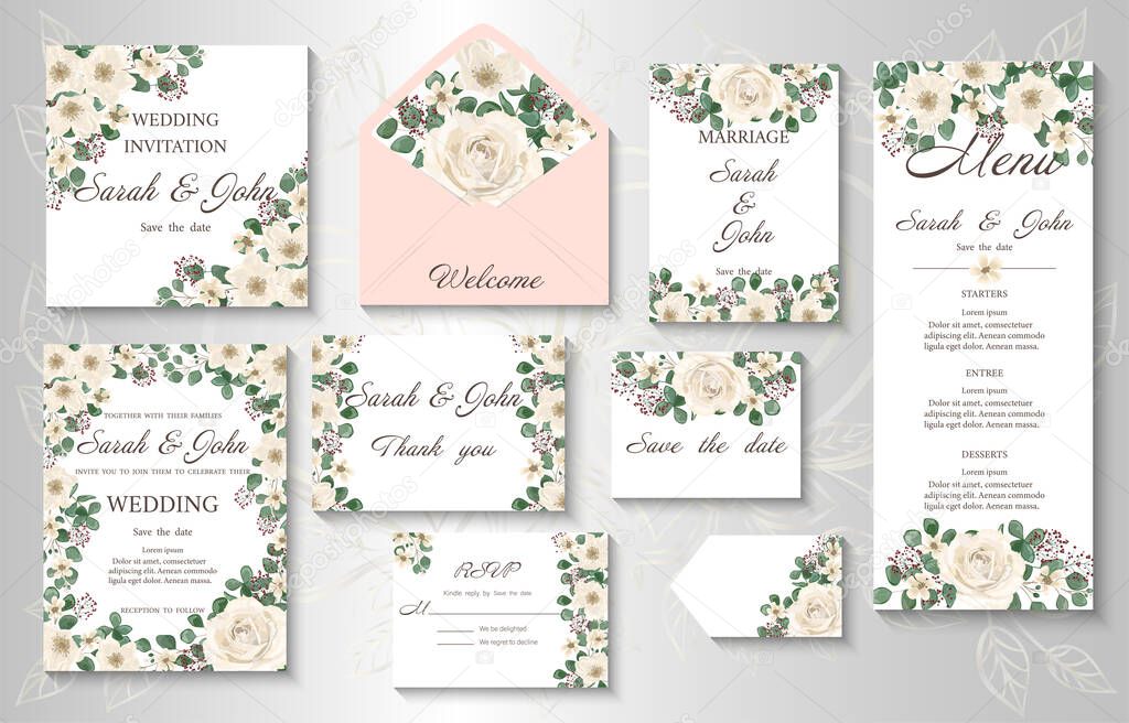 set of wedding cards with flowers and leaves