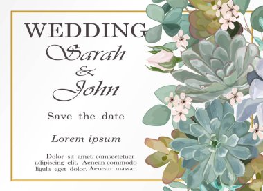 Çiçekli ve yapraklı düğün davetiyesi. vektör illüstrasyonu