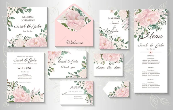 Set Wedding Cards Flowers Leaves — Διανυσματικό Αρχείο