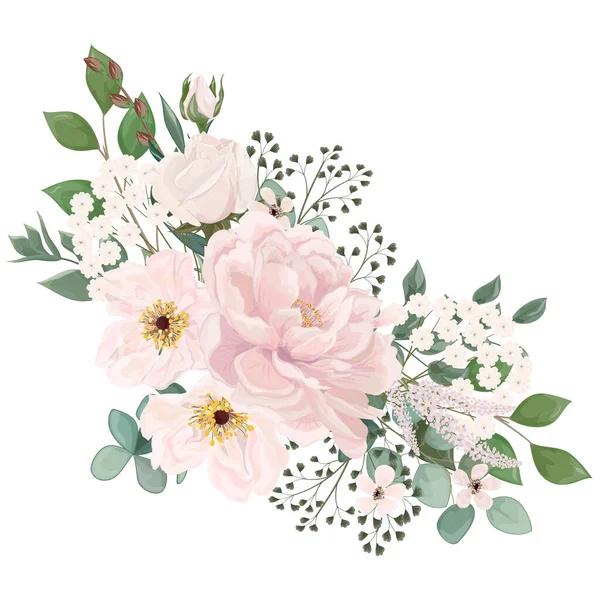 Watercolor Floral Pattern Flowers Leaves Buds Branches Peonies Roses Peony — Διανυσματικό Αρχείο