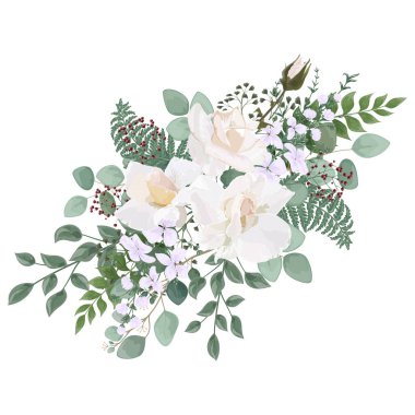 çiçekli suluboya deseni, yapraklar, dallar, tomurcuklar, okaliptüsler, yeşil, beyaz arkaplan