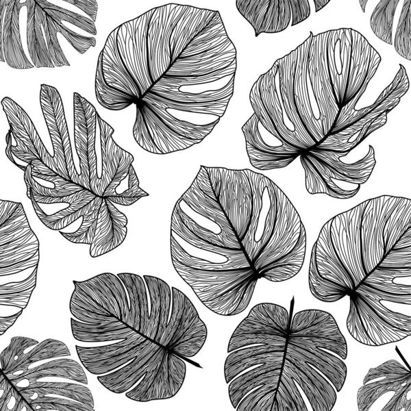 Seamless Pattern Tropical Monstera Leaves Hand Drawn Vector Illustration White — Vector de stock