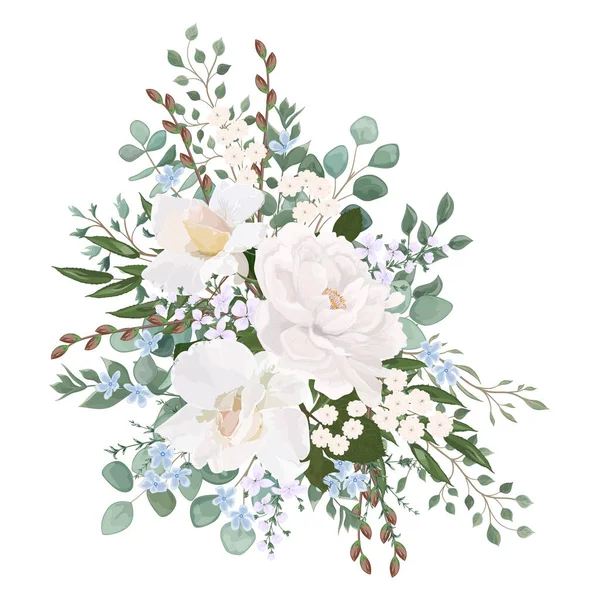 Watercolor Floral Pattern Flowers Leaves Branches Buds Eucalyptus Green White — Stok Vektör