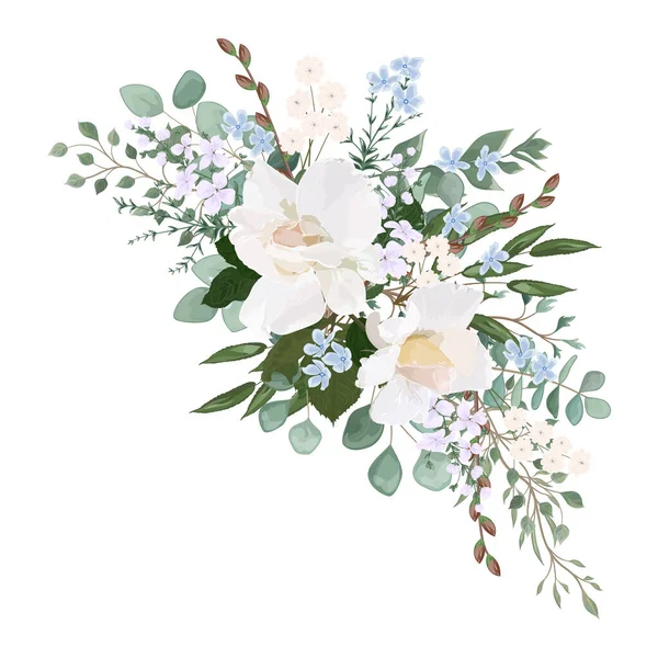 Watercolor Floral Pattern Flowers Leaves Buds Branches Roses Eucalyptus Green — ストックベクタ
