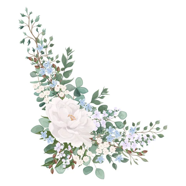 Watercolor Floral Pattern Flowers Leaves Branches Buds Eucalyptus Green White — ストックベクタ