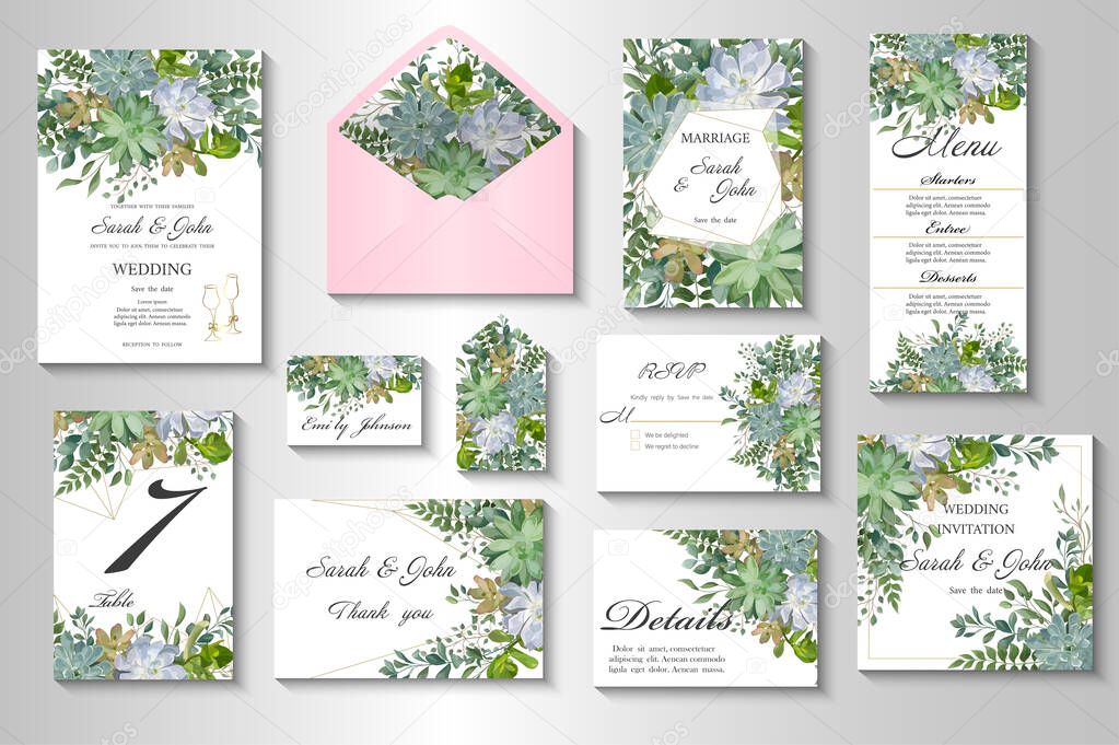 set of vector floral cards with tropical leaves and succulents