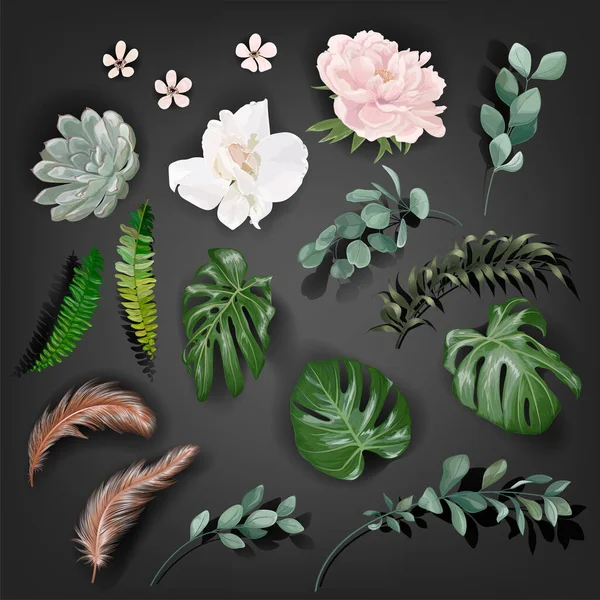 Beautiful Botanical Composition Tropical Leaves Flowers Black Background Flat Lay — Stock Vector