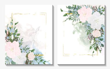 Çiçekli ve yapraklı suluboya çerçeve. düğün davetiyesi.