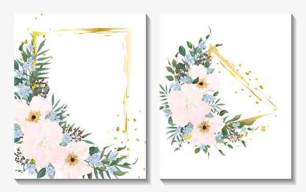 Watercolor Floral Background Flowers Leaves Palm Eucalyptus Green Yellow Blue — Stock vektor