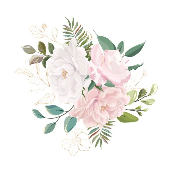 Watercolor Floral Pattern Flowers Leaves Buds Branches Roses Peonies Branch — Stock Vector