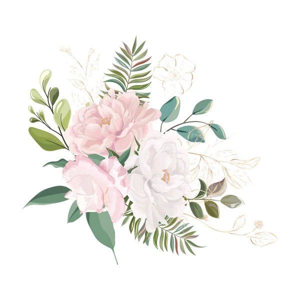 Akvarel Květinový Vzor Květinami Listy Větvemi Poupaty Růžemi Eukalyptem Rostlinami — Stockový vektor