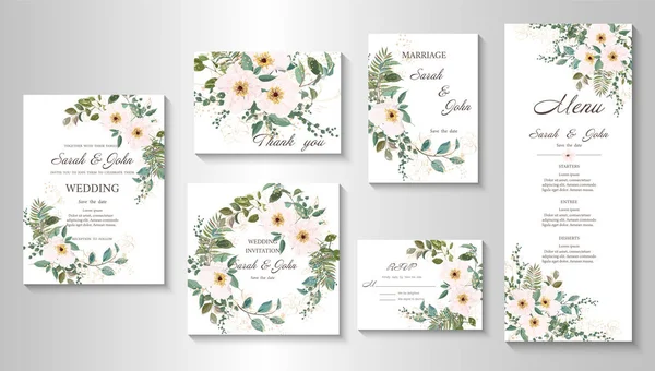 Set Wedding Cards Flowers Leaves Vector Illustration — Vettoriale Stock