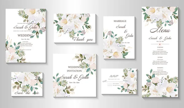 Set Wedding Cards Flowers Leaves Vector Illustration — Διανυσματικό Αρχείο