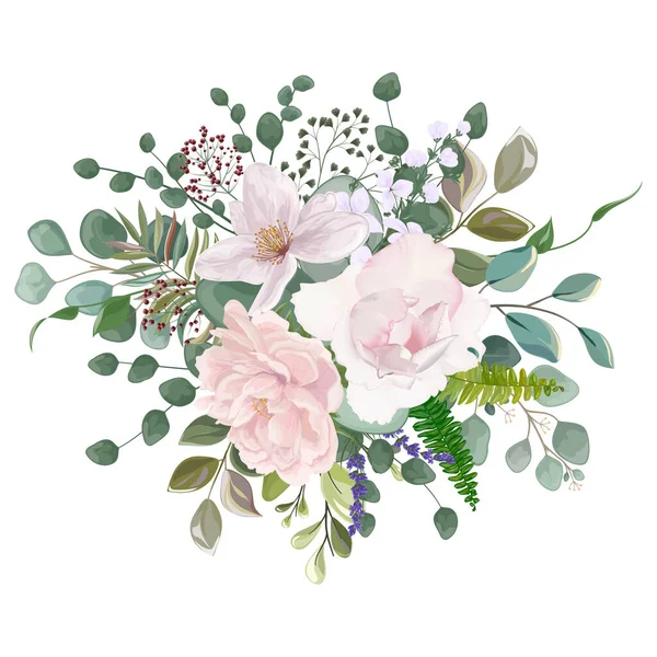 Watercolor Floral Pattern Flowers Leaves Branches Buds Roses Berries Eucalyptus — Διανυσματικό Αρχείο