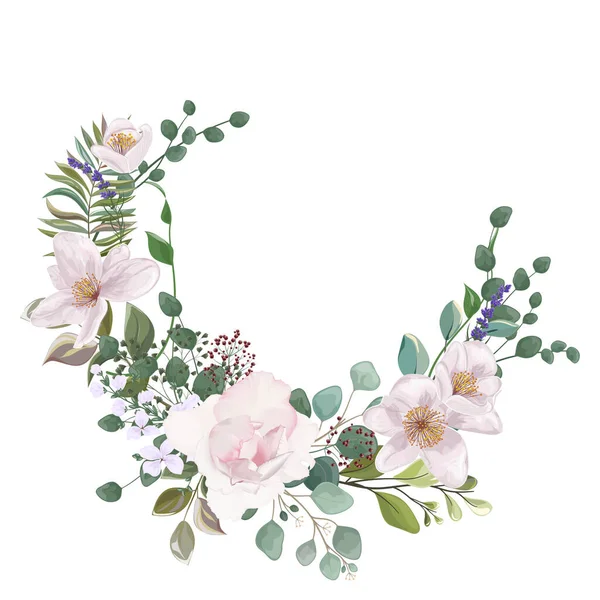 Watercolor Floral Pattern Flowers Leaves Branches Buds Roses Eucalyptus Branch — Διανυσματικό Αρχείο