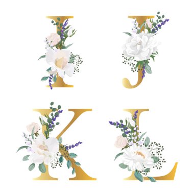 Çiçek alfabesi. Düğün davetiyeleri, tebrik kartları, doğum günü, logo, poster diğer fikirler. Vektör illüstrasyonu.