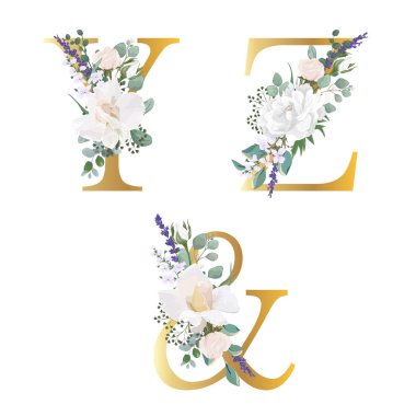 Çiçek alfabesi. Düğün davetiyeleri, tebrik kartları, doğum günü, logo, poster diğer fikirler. Vektör illüstrasyonu.