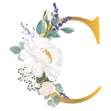 Çiçek alfabesi. Düğün davetiyeleri, tebrik kartları, doğum günü, logo, poster diğer fikirler. Vektör illüstrasyonu.