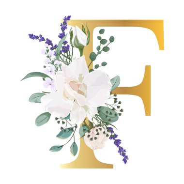 Çiçek alfabesi. Düğün davetiyeleri, tebrik kartları, doğum günü, logo, poster diğer fikirler. Vektör illüstrasyonu.