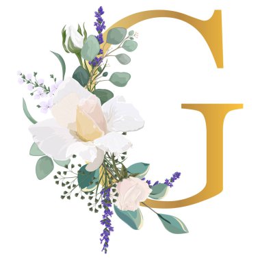 Çiçek alfabesi. Düğün davetiyeleri, tebrik kartları, doğum günü, logo, poster diğer fikirler. Vektör illüstrasyonu.