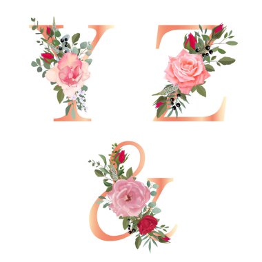 Çiçek alfabesi. Düğün davetiyeleri, tebrik kartları, doğum günü kartı, logo, poster diğer fikirler. Vektör illüstrasyonu.