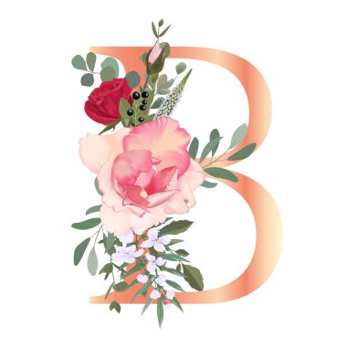 Çiçek alfabesi. Düğün davetiyeleri, tebrik kartları, doğum günü kartı, logo, poster diğer fikirler. Vektör illüstrasyonu.