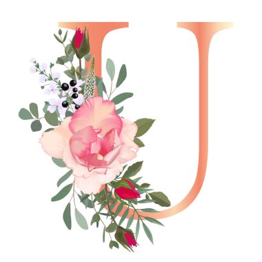 Çiçek alfabesi. Düğün davetiyeleri, tebrik kartları, doğum günü kartı, logo, poster diğer fikirler. Vektör illüstrasyonu.