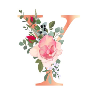 Çiçek alfabesi. Düğün davetiyeleri, tebrik kartları, doğum günü kartı, logo, poster diğer fikirler. Vektör illüstrasyonu.