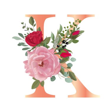 Çiçek alfabesi. Düğün davetiyeleri, tebrik kartları, doğum günü kartı, logo, poster diğer fikirler. Vektör illüstrasyonu.