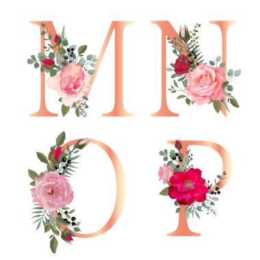 Çiçek alfabesi. Düğün davetiyeleri, tebrik kartları, doğum günü kartı, logo, poster diğer fikirler. Vektör illüstrasyonu.