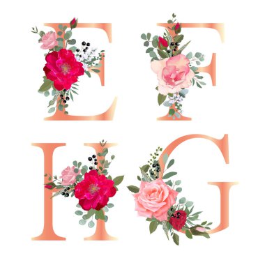 Çiçek alfabesi. Düğün davetiyeleri, tebrik kartları, doğum günü kartı, logo, poster diğer fikirler. Vektör illüstrasyonu.