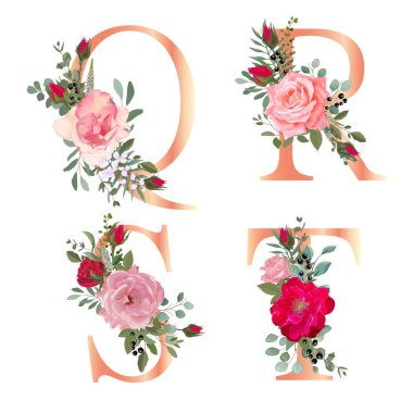 Çiçek alfabesi. Düğün davetiyeleri, tebrik kartları, doğum günü kartı, logo, poster diğer fikirler. Vektör illüstrasyonu.