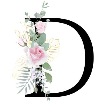 Çiçek alfabesi. Düğün davetiyeleri, tebrik kartları, doğum günü, logo, poster diğer fikirler. Vektör illüstrasyonu.