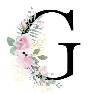 Çiçek alfabesi. Düğün davetiyeleri, tebrik kartları, doğum günü, logo, poster diğer fikirler. Vektör illüstrasyonu.