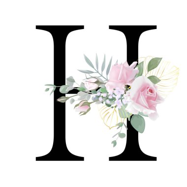 Çiçek alfabesi. Düğün davetiyeleri, tebrik kartları, doğum günü, logo, poster diğer fikirler. Vektör illüstrasyonu.