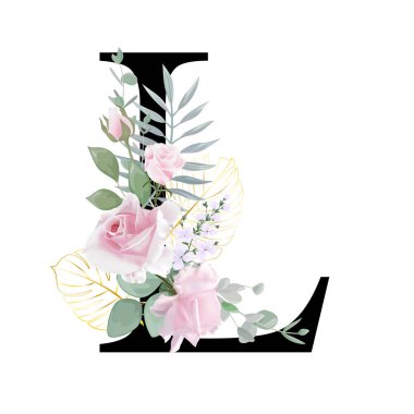 Çiçek alfabesi. Düğün davetiyeleri, tebrik kartları, doğum günü, logo, poster diğer fikirler. Vektör illüstrasyonu.